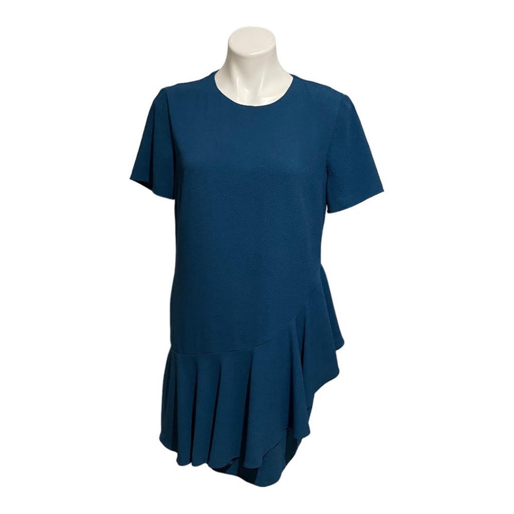 Charles Henry Size Medium Teal Ruffle Detail Short Sleeve Crewneck Shift Dress - Picture 3 of 8